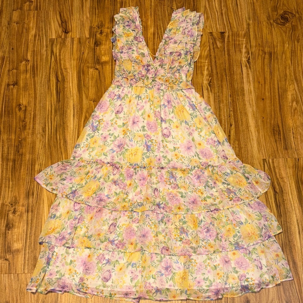 Storia womens medium 8 10 dress floral print ruffle maxi Lavender yellow white - Picture 4 of 12